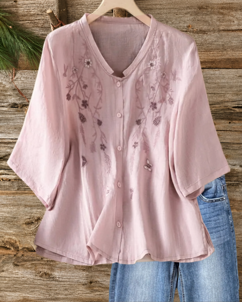 Embroidered V Neck Button 3/4 Sleeve Blouse