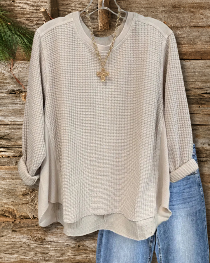 Waffle Knit Crew Neck Cozy Blouse