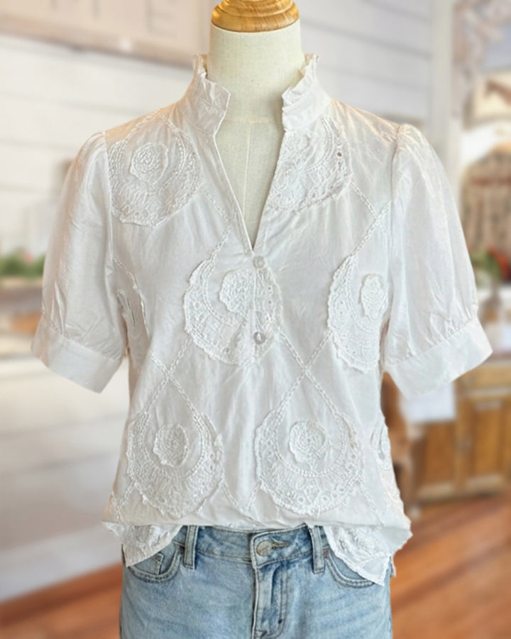 Floral Embroidery Smart Puff Sleeve V Neck Blouse