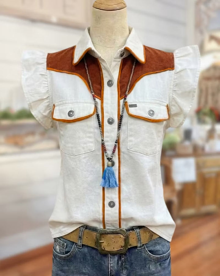 Contrast Yoke Flutter Sleeve Button Down Flap Pocket Shirt