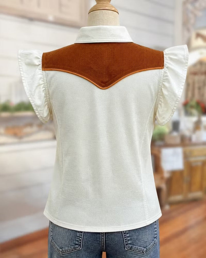 Contrast Yoke Flutter Sleeve Button Down Flap Pocket Shirt