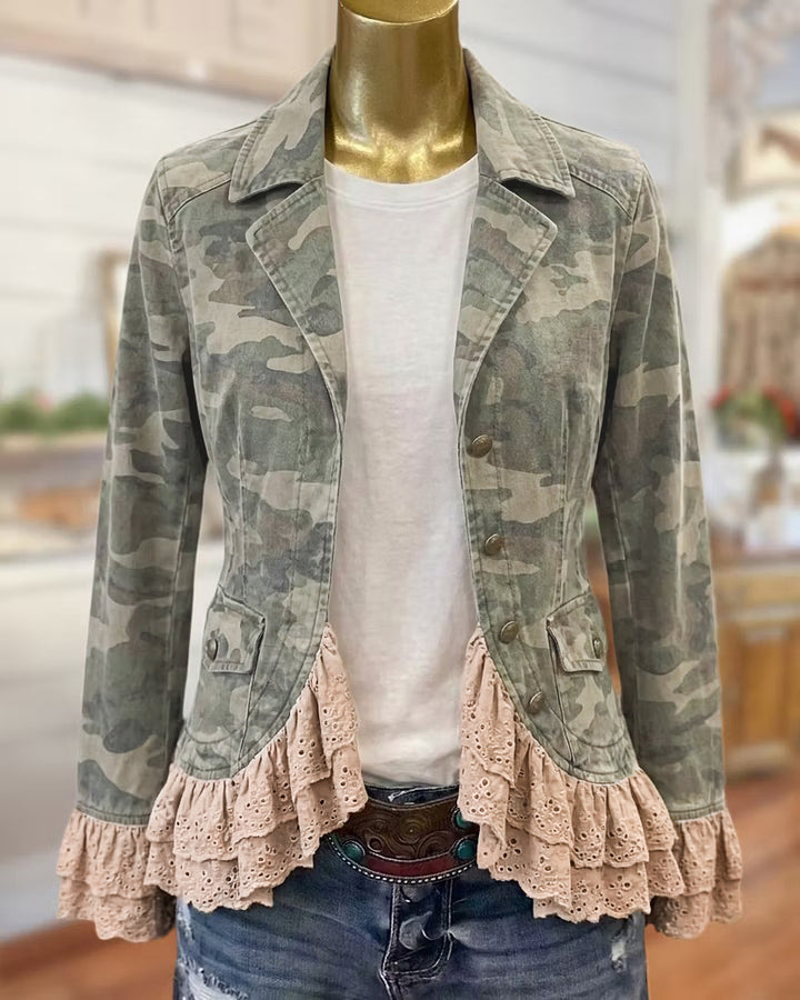 Long Sleeve Camo Lapel Jacket with Tiered Lace Ruffles