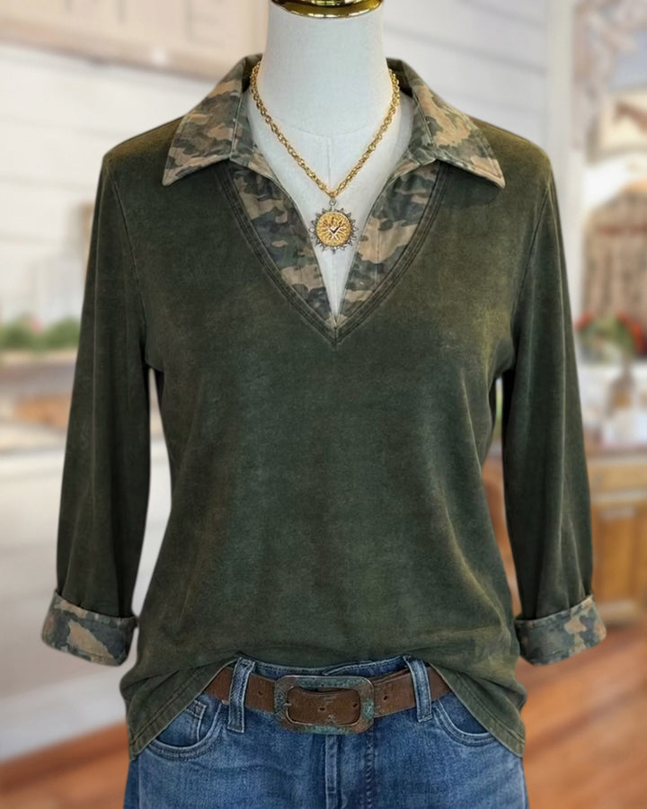 V Neck Camo Trim Rolled Cuff Top