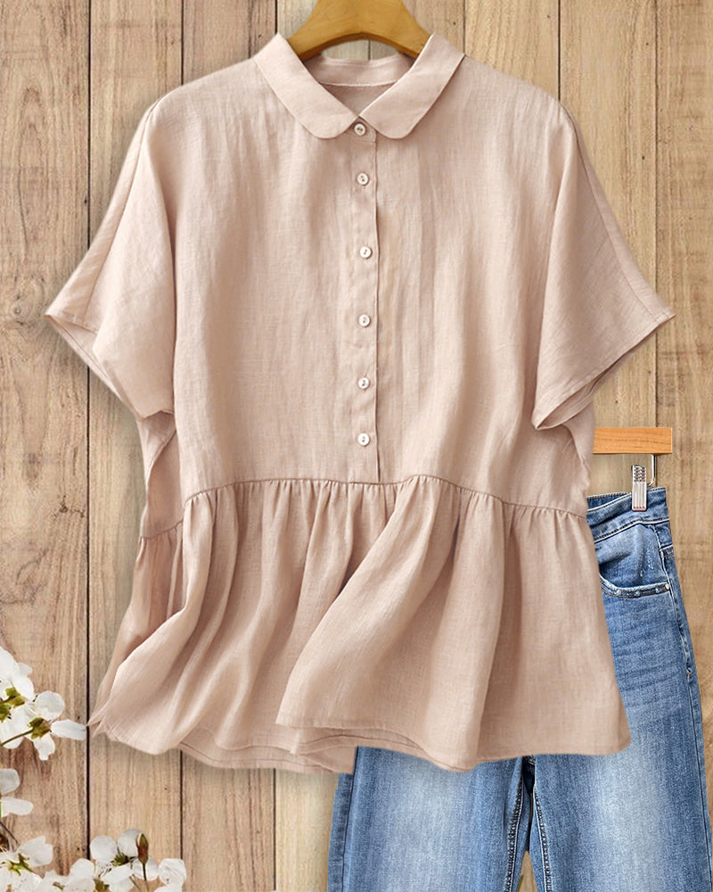 Collared Button Front Short Sleeve Ruffled Peplum Casual Blouse
