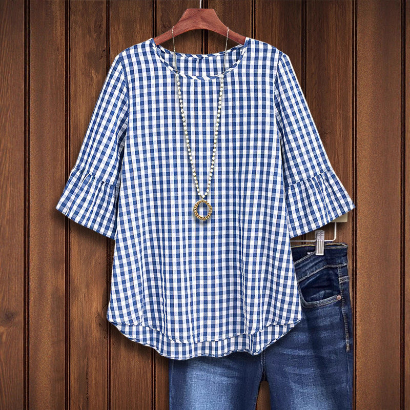 Blue Gingham Ruffle Sleeve Blouse