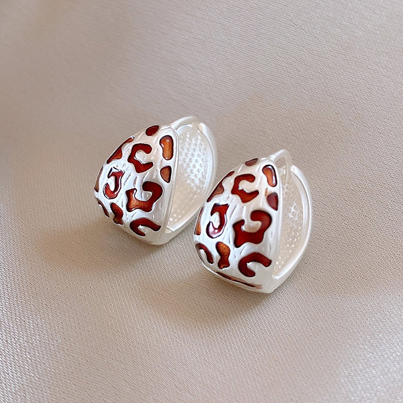 Red Enamel Leopard Pattern Hoop Earrings