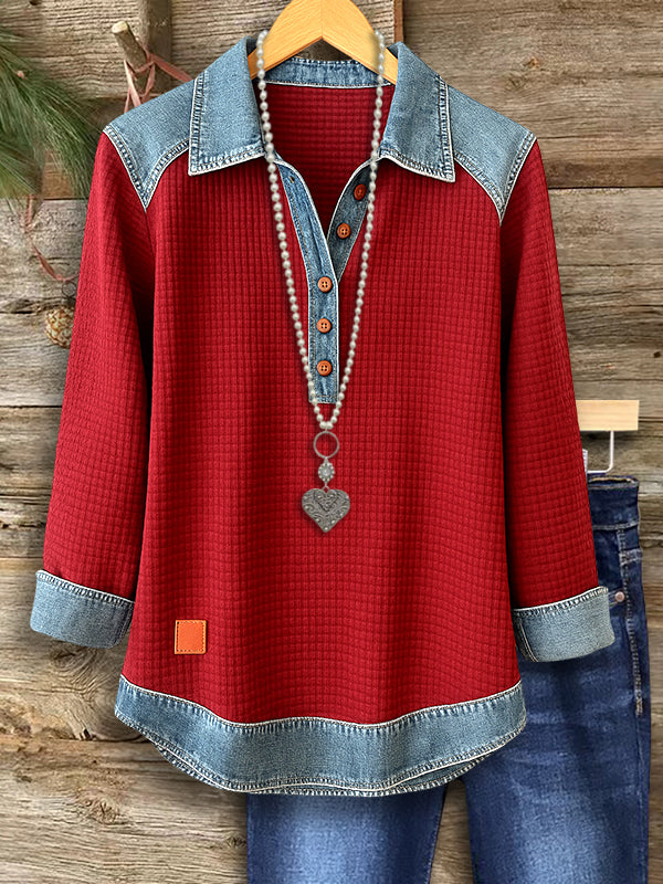 Rustic Charm Denim Collar Henley