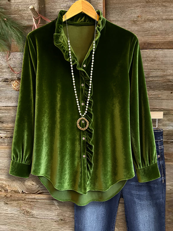 Evergreen Velvet Ruffle Collar Blouse