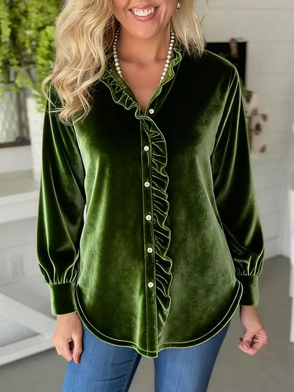 Evergreen Velvet Ruffle Collar Blouse