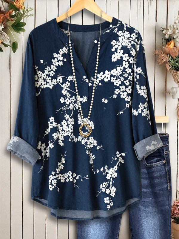 Navy Blossom V-Neck Linen-Blend Top