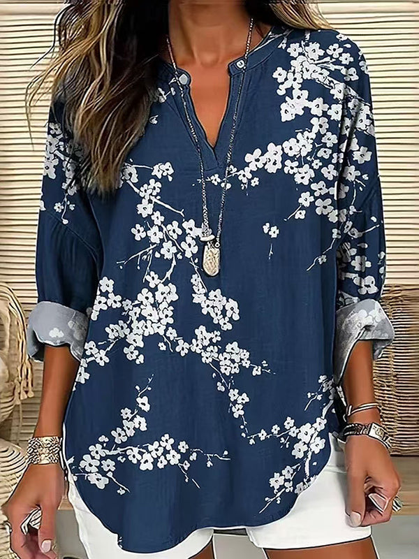 Navy Blossom V-Neck Linen-Blend Top
