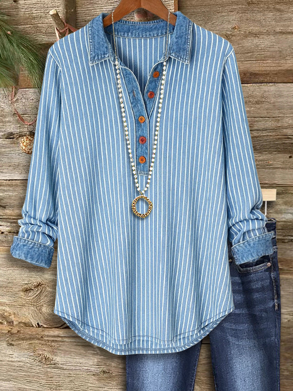 Coastal Stripe Denim-Collar Henley