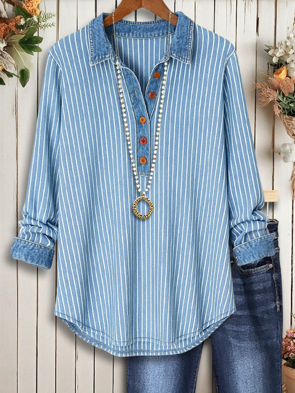 Coastal Stripe Denim-Collar Henley