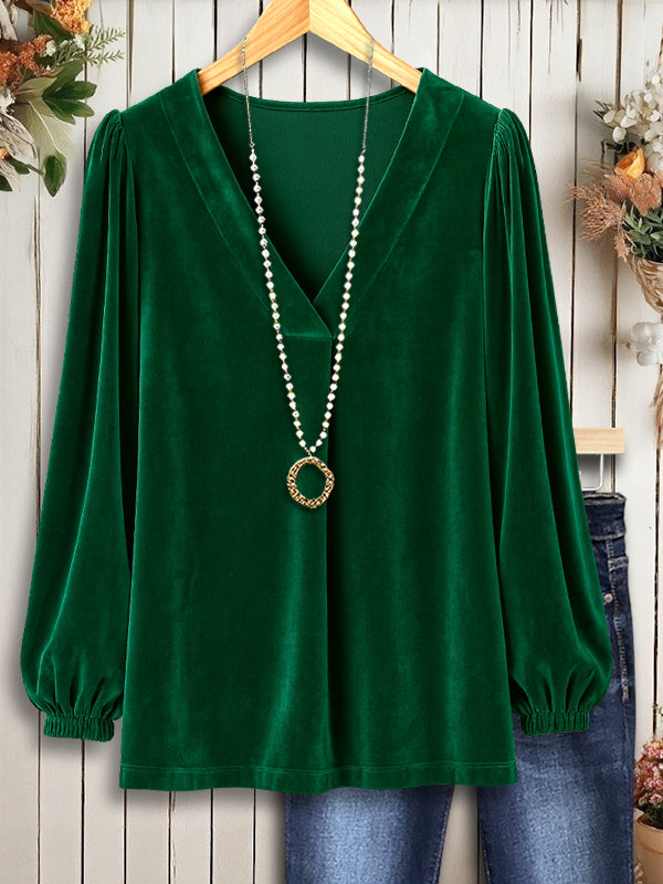 Emerald Velvet V-Neck Blouse