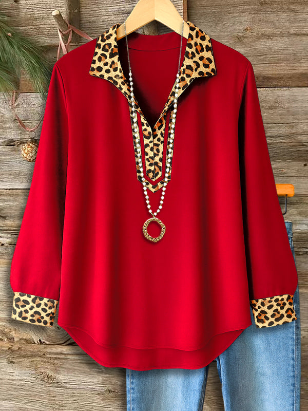 Wild Accent Leopard-Trim V-Neck Top