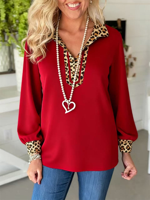 Wild Accent Leopard-Trim V-Neck Top