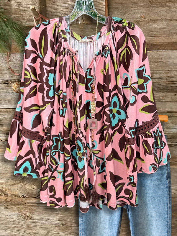 Boho Tie-Neck Ruffle Sleeve Tunic