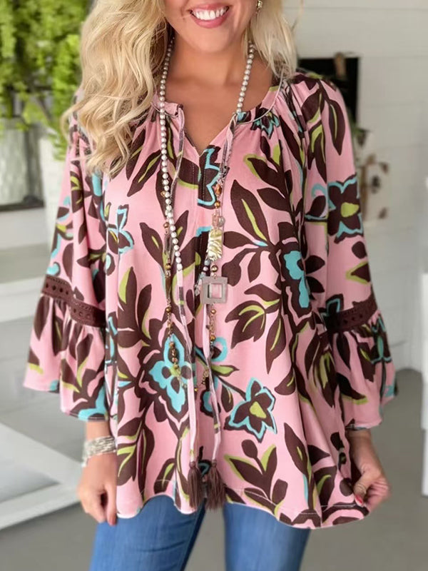 Boho Tie-Neck Ruffle Sleeve Tunic
