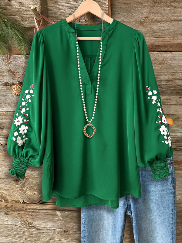 Emerald V-Neck Smocked Cuff Blouse