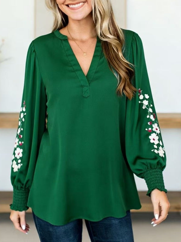 Emerald V-Neck Smocked Cuff Blouse