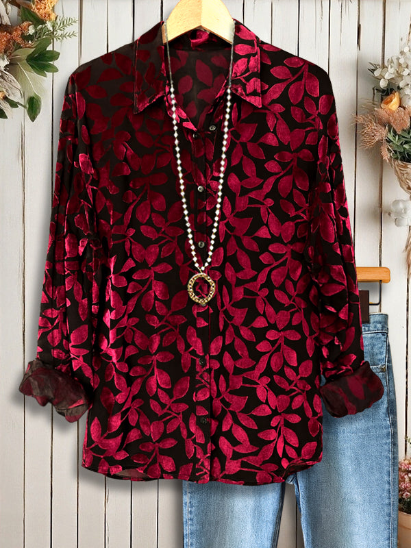 Burgundy Velvet Leaf Button-Down Shirt