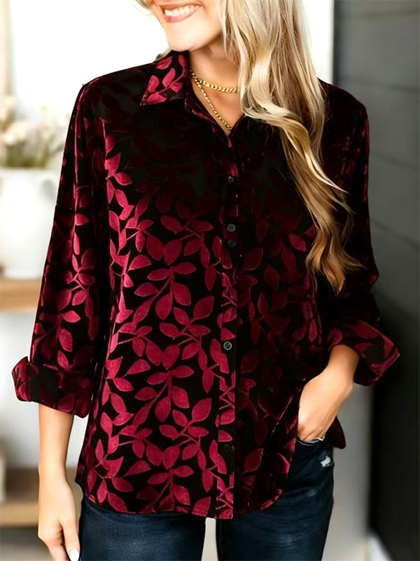 Burgundy Velvet Leaf Button-Down Shirt