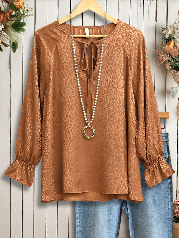 Camel Satin Tie-Neck Balloon Sleeve Blouse