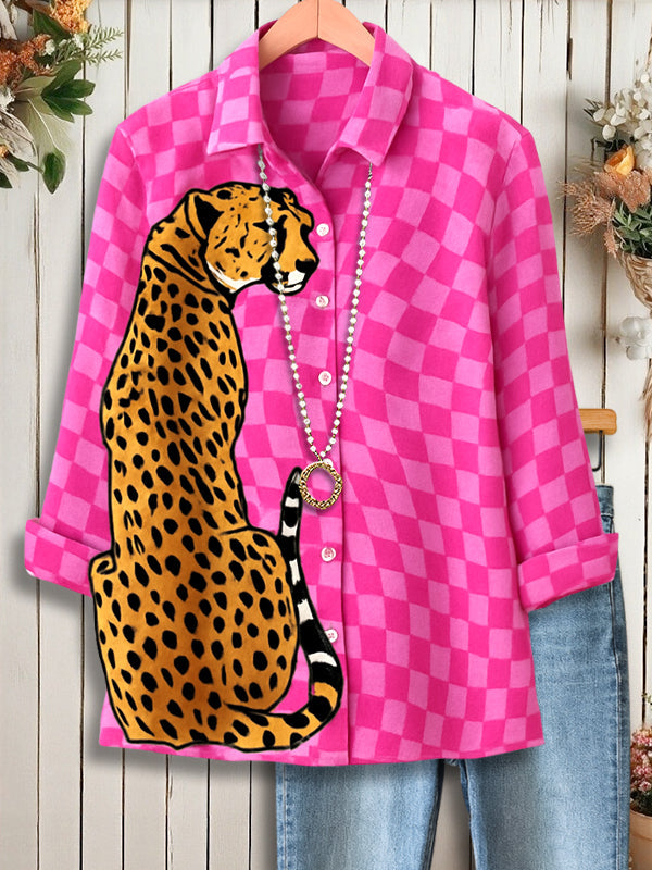 Pink Checkered Button-Up Leopard Graphic Shirt