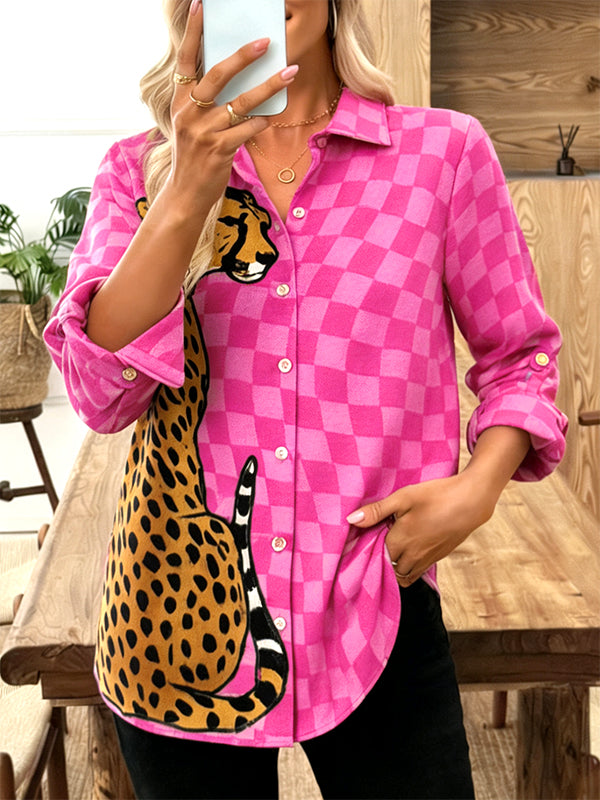 Pink Checkered Button-Up Leopard Graphic Shirt