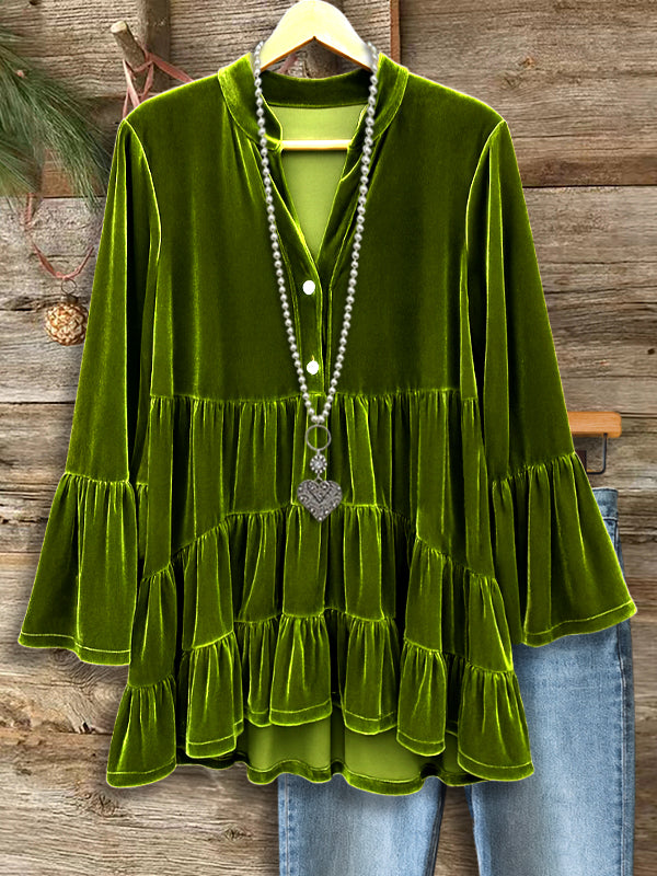 Green Velvet Ruffled Babydoll Top