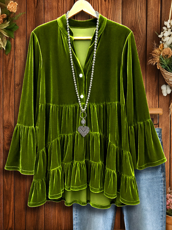 Green Velvet Ruffled Babydoll Top