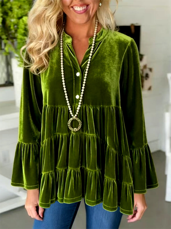 Green Velvet Ruffled Babydoll Top