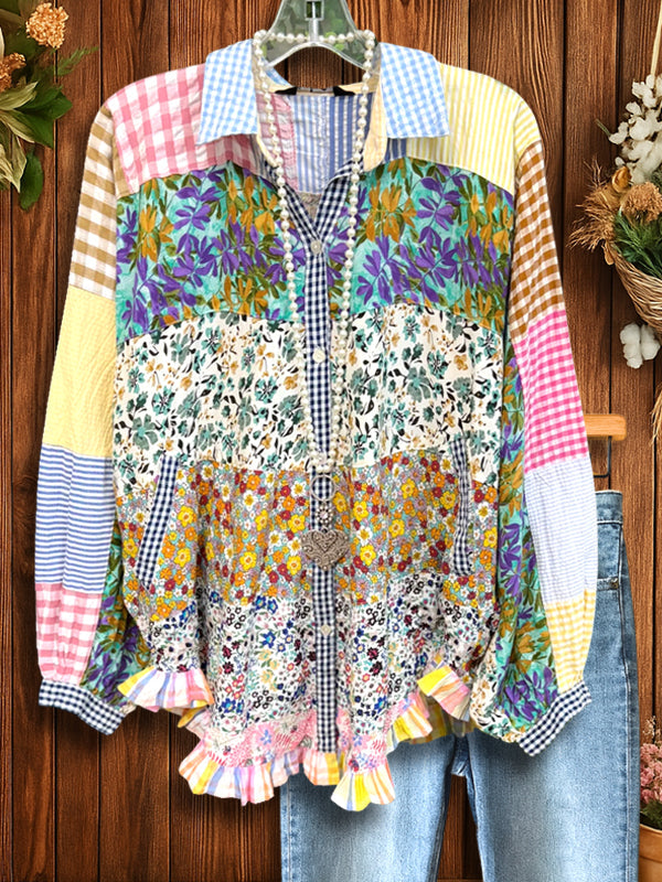 Colorblock Patchwork Button-Down Ruffle Blouse