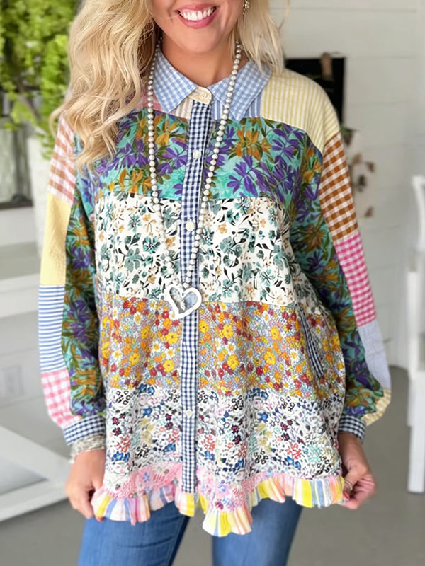 Colorblock Patchwork Button-Down Ruffle Blouse