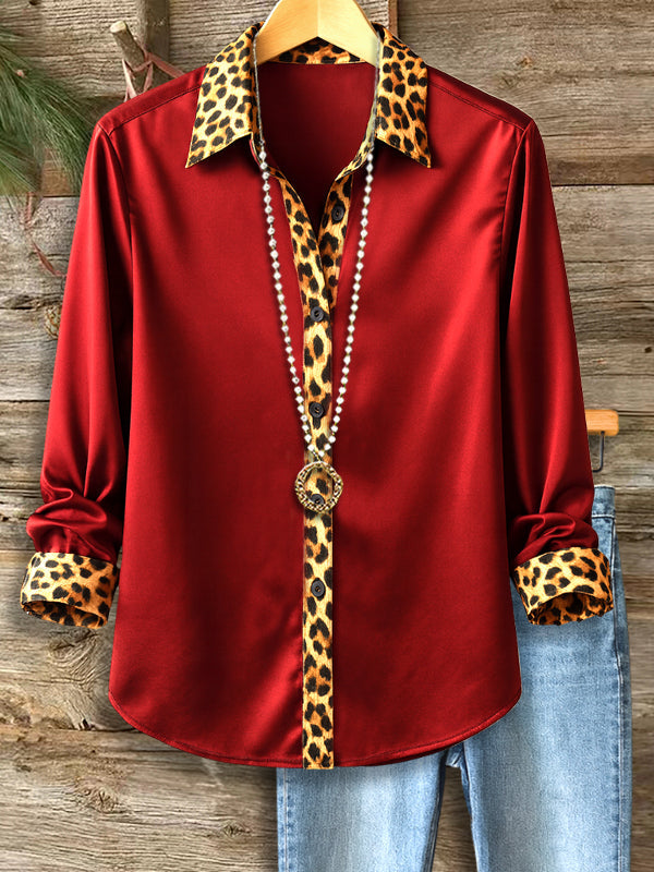 Red Leopard Trim V-Neck Button Shirt