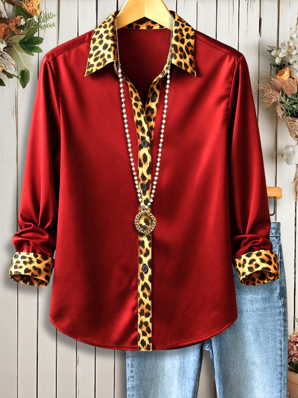 Red Leopard Trim V-Neck Button Shirt