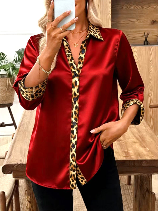 Red Leopard Trim V-Neck Button Shirt
