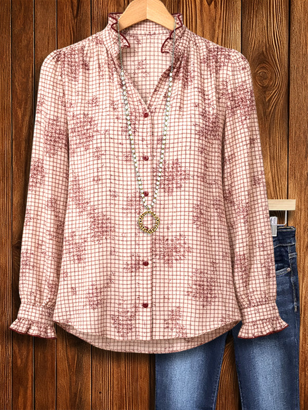 Blush Grid Button-Front Blouse