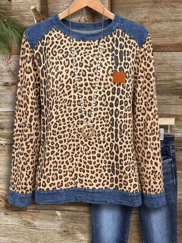 Leopard Denim-Trim Raglan Top