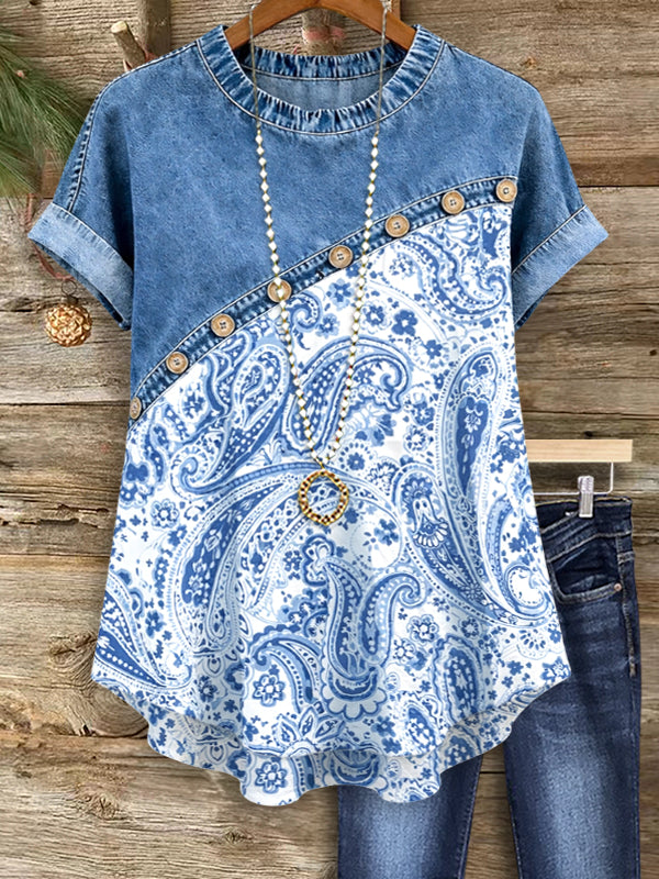 Denim Patch Paisley Relaxed Tee