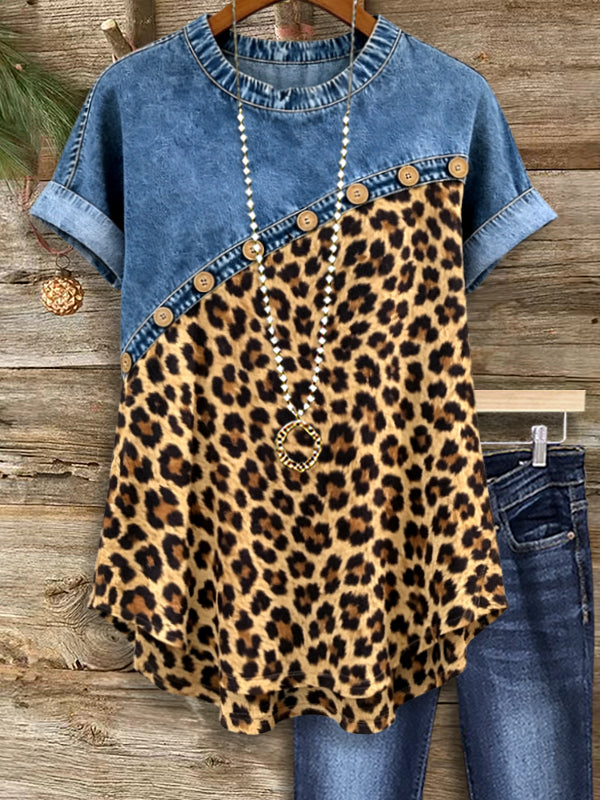 Denim & Leopard Patchwork Tunic Tee