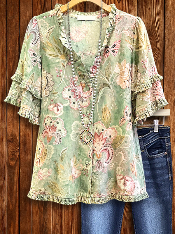 Sage Blossom Ruffle Blouse