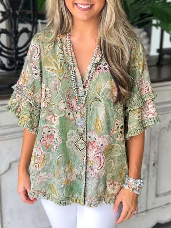Sage Blossom Ruffle Blouse