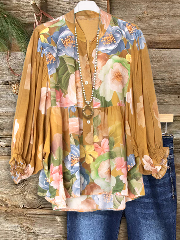 Romantic Floral Balloon Sleeve Blouse