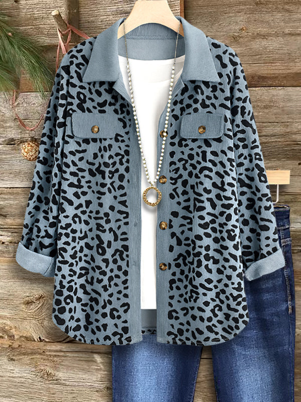 Corduroy Leopard Print Casual Blouse