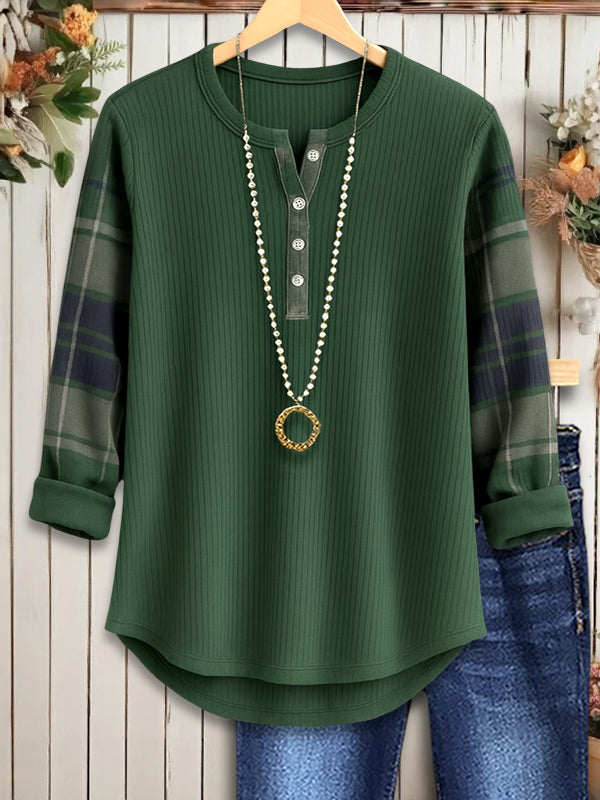 Plum Plaid Sleeve Henley Blouse