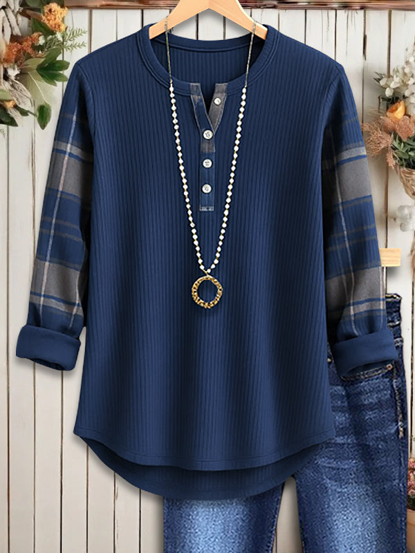 Plum Plaid Sleeve Henley Blouse