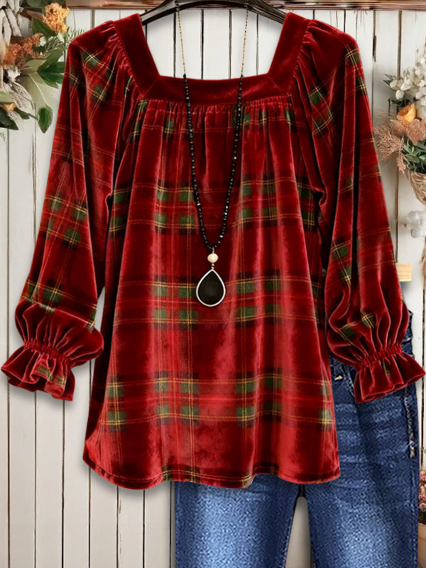 Velvet Holiday Plaid Peasant Blouse