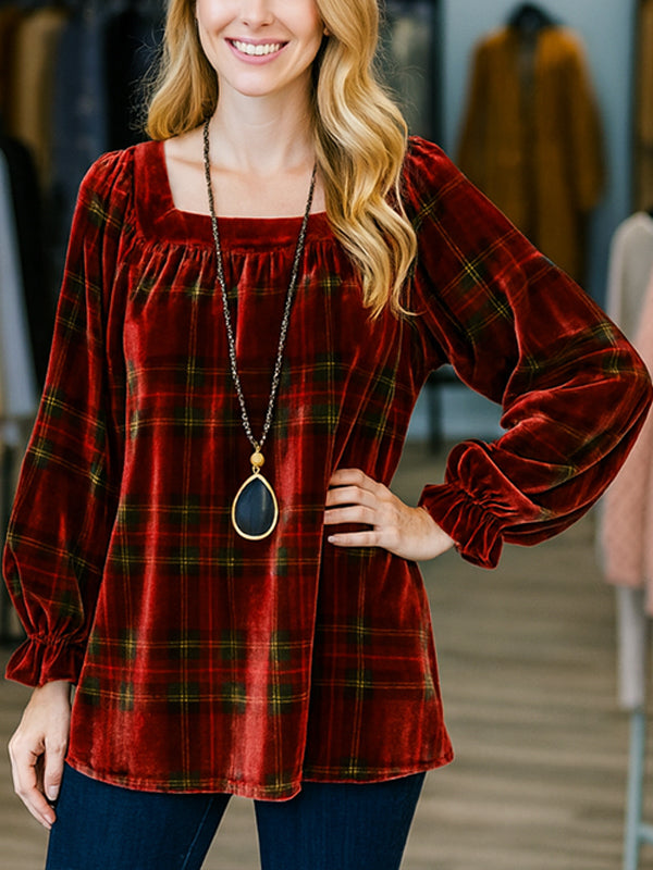 Velvet Holiday Plaid Peasant Blouse