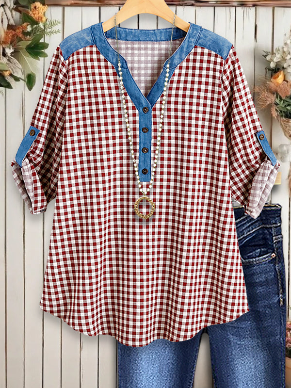 Rustic Gingham Denim Blouse